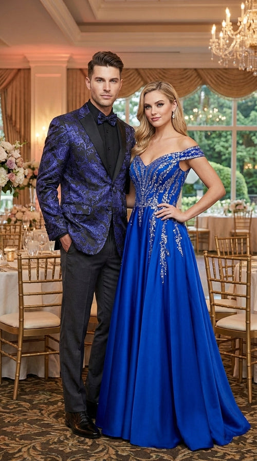 Mens Royal Blue Paisley Jacquard Blazer β Luxury Pattern Tuxedo Dinner Jacket with Black Satin Lapel for Wedding, Prom With Bowtie