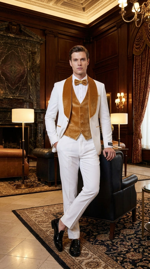 Men's White & Gold Tuxedo β Velvet Shawl Lapel 3 Piece Wedding & Prom Suit