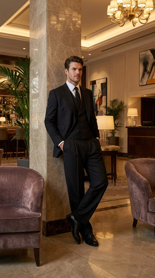 Tiglio Rosso Men’s Black Super 150’s Italian Wool 3-Piece Suit – Double-Breasted Jacket, Vest and Wide-Leg Pleated Pants
