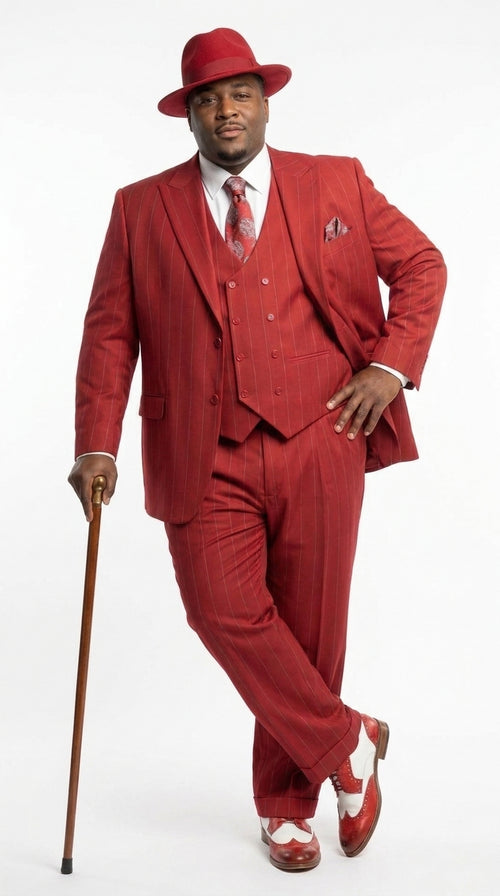 Men’s Red & White Pinstripe 3-Piece Suit by Mazari – Peak Lapel Classic Fit Gangster Suit with Pleated Pants