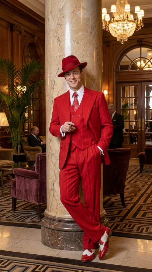 1920s Christmas Holiday Gangster Men’s Red Pinstripe 3-Piece Suit – Peak Lapel Classic Fit Pleated Pants