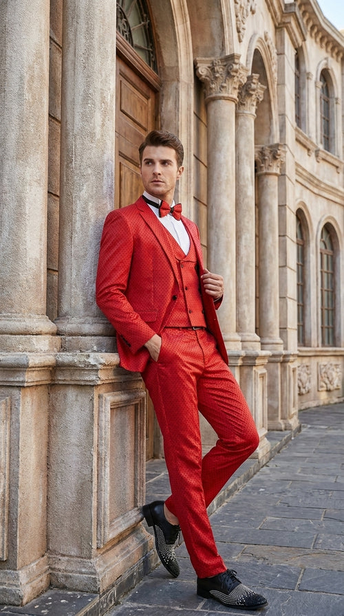 Tazio Men’s Cherry Red and Black Polka-Dot 3-Piece Suit – Skinny Fit Prom, Wedding and Party Suit or Tuxedo