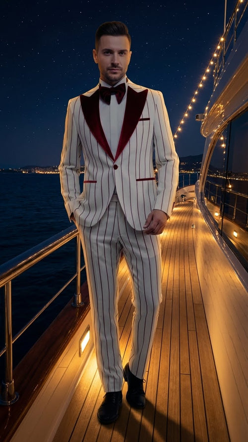 Men’s White and Dark Red Pinstripe Tuxedo with Velvet Shawl Lapel - Formal Dinner Blazer Prom Christmas New Year Holiday Suit by USA Men's Outlet