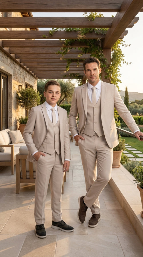 Dad & Son Matching Beige 3-Piece Suits β Father and Son Wedding Formal Suits in Tan Color