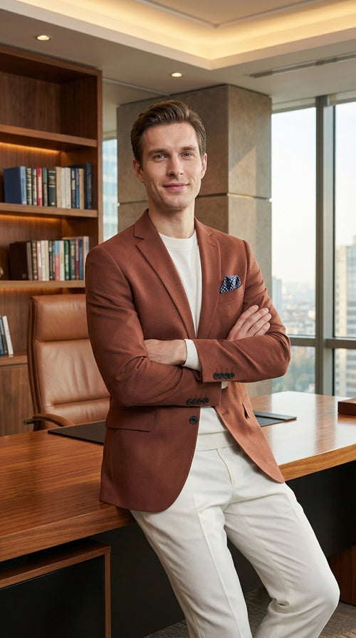 Mens Rustic Brown Light Burnt Orange Copper Blazer β Classic Fit Single Breasted Formal Casual Dress Jacket