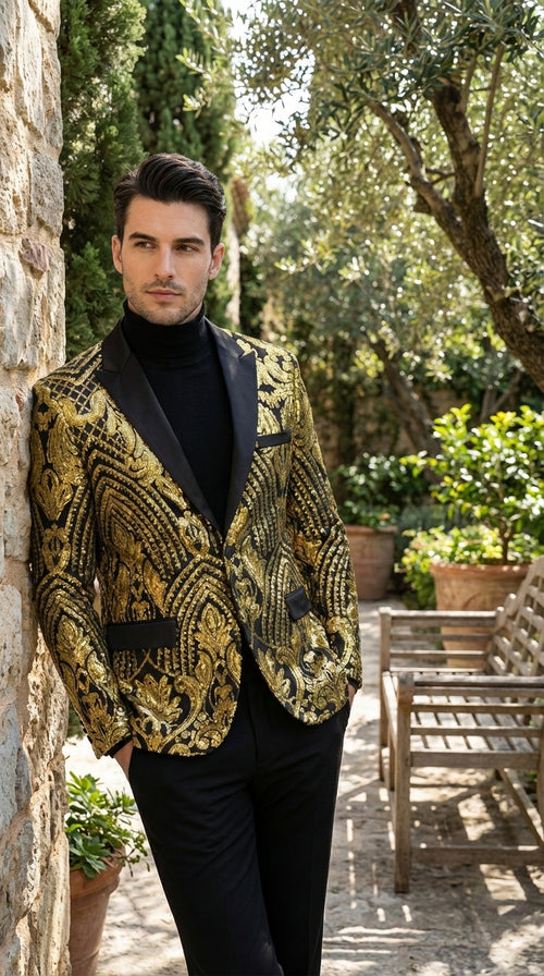 Mens Black and Gold Pattern Blazer – Gold Floral Luxury Formal Blazer Jacket for Prom, Wedding and Party Slim Fitted
