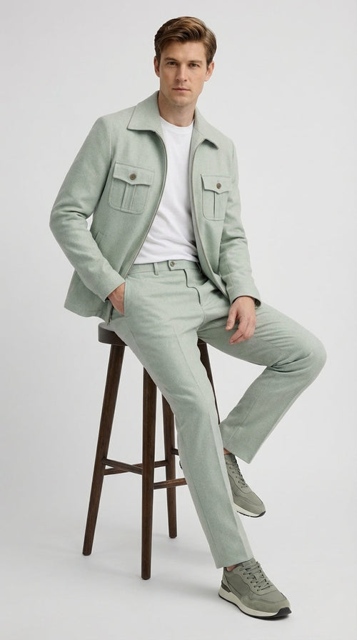 Mens Sage Green Walking Suit Set – Casual Safari Military Jacket and Pants Outfit for Travel