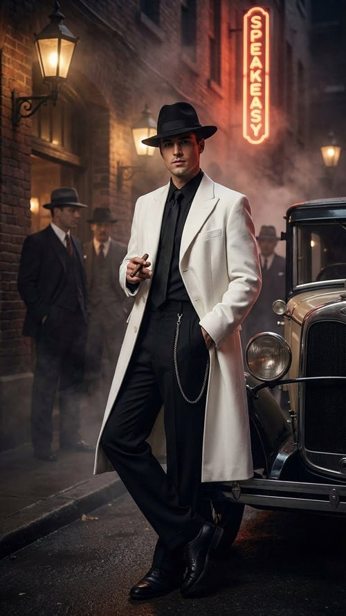 Men’s White Long Zoot Style Suit | Vintage Gangster Mafia Formal Coat with Black Pants