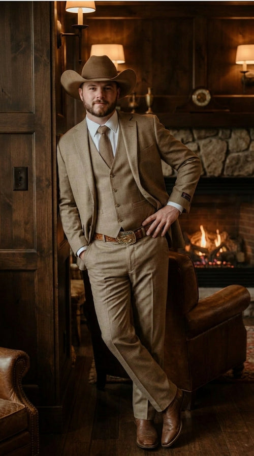 Mens Sharkskin Dark Taupe Tan with sheen Western 3 Piece Suit β Classic Country Style Blazer Vest Pants Set, Formal Cowboy Suit Outfit