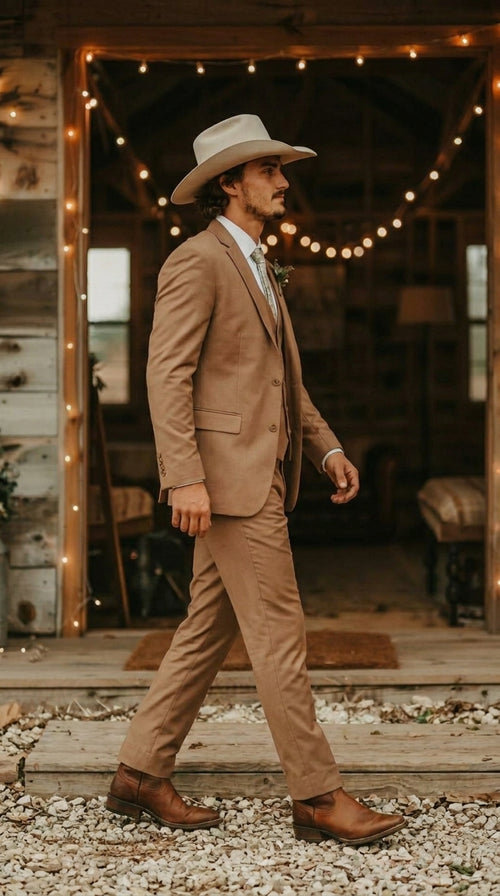 Mens Camel Brown Copper Western 3 Piece Suit β Classic Country Style Blazer Vest Pants Set, Formal Cowboy Suit Outfit