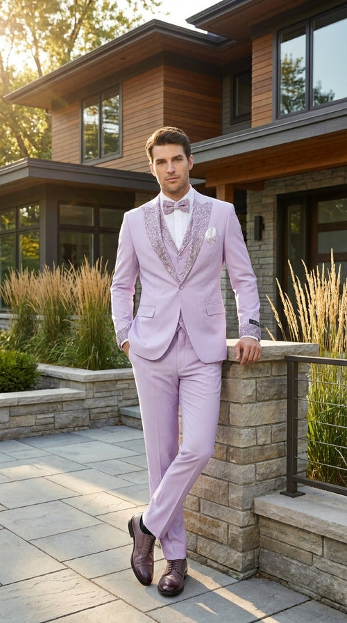 Men’s Lilac Suit with Silver Glitter Sequin Lapel – Lilac and Silver Formal Tuxedo Suit for Prom, Wedding Lavender Tuxedo