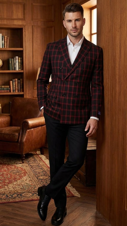 Men’s Black and Red Check Double Breasted Blazer - Sport Coat Jacket Windowpane Sportcoat Slim Fit by USA Men's Outlet