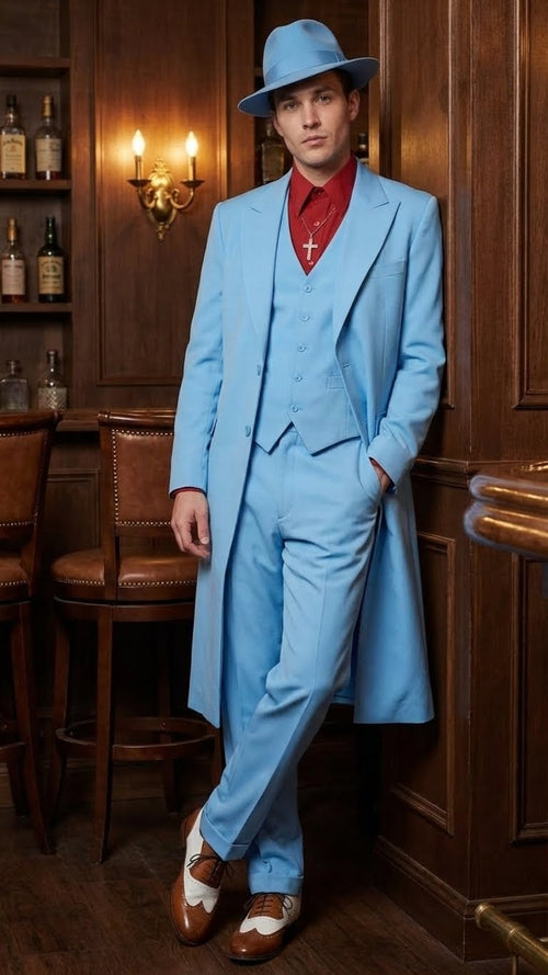 Men’s Light Blue 1920s Zoot Suit - Long Mafia Gangster Three-Piece Vintage Costume Set in Baby Powder Blue Color - Prom Wedding Suit by USA Men's Outlet