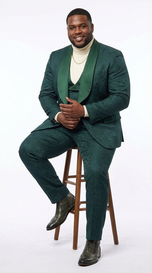 Mens Hunter Green Wedding Tuxedo Suit β Paisley Pattern Three Piece Formal Suit Set with Shawl Lapel for Groom, Prom in Emerald green
