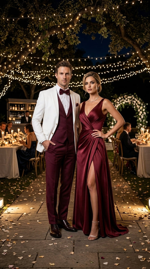 Menās White and Burgundy 3 Piece Tuxedo Suit, Vested Formal Wedding Prom Dinner Suit Set bowtie included