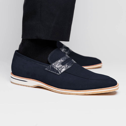 Zelli Meo 3 Suede Penny Loafers with Crocodile Accent in Navy