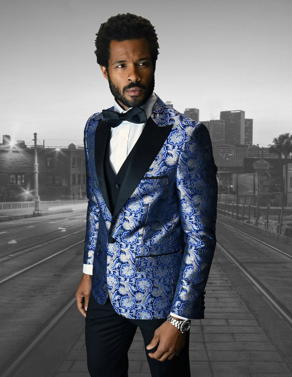 Mens One Button Royal Blue Tuxedo with Double Breasted Vest