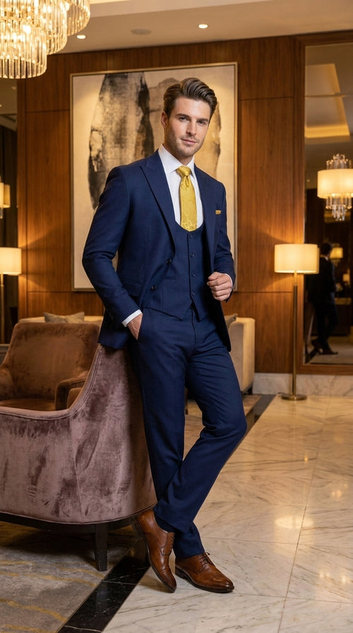 Mens Vitali 3 Piece Suit W/Scoop Vest Navy Blue 3-Piece Suit – Big Peak Lapel Vest and Pants Modern Fit Two Buttons