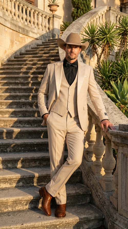 Men’s Tan Cowboy Suit – Western Formal Two Piece Suit for Weddings, Champaign Sand Color