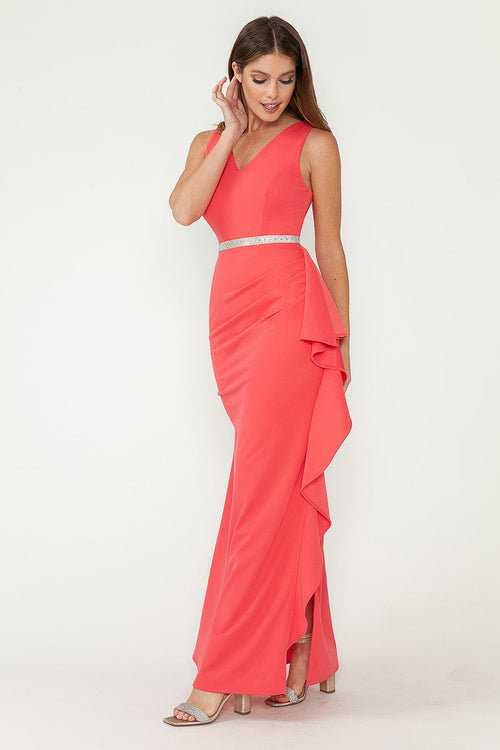 Lenovia 5287 Sleek V-Neck Crepe Dress with Side Slit and Embellished Belt