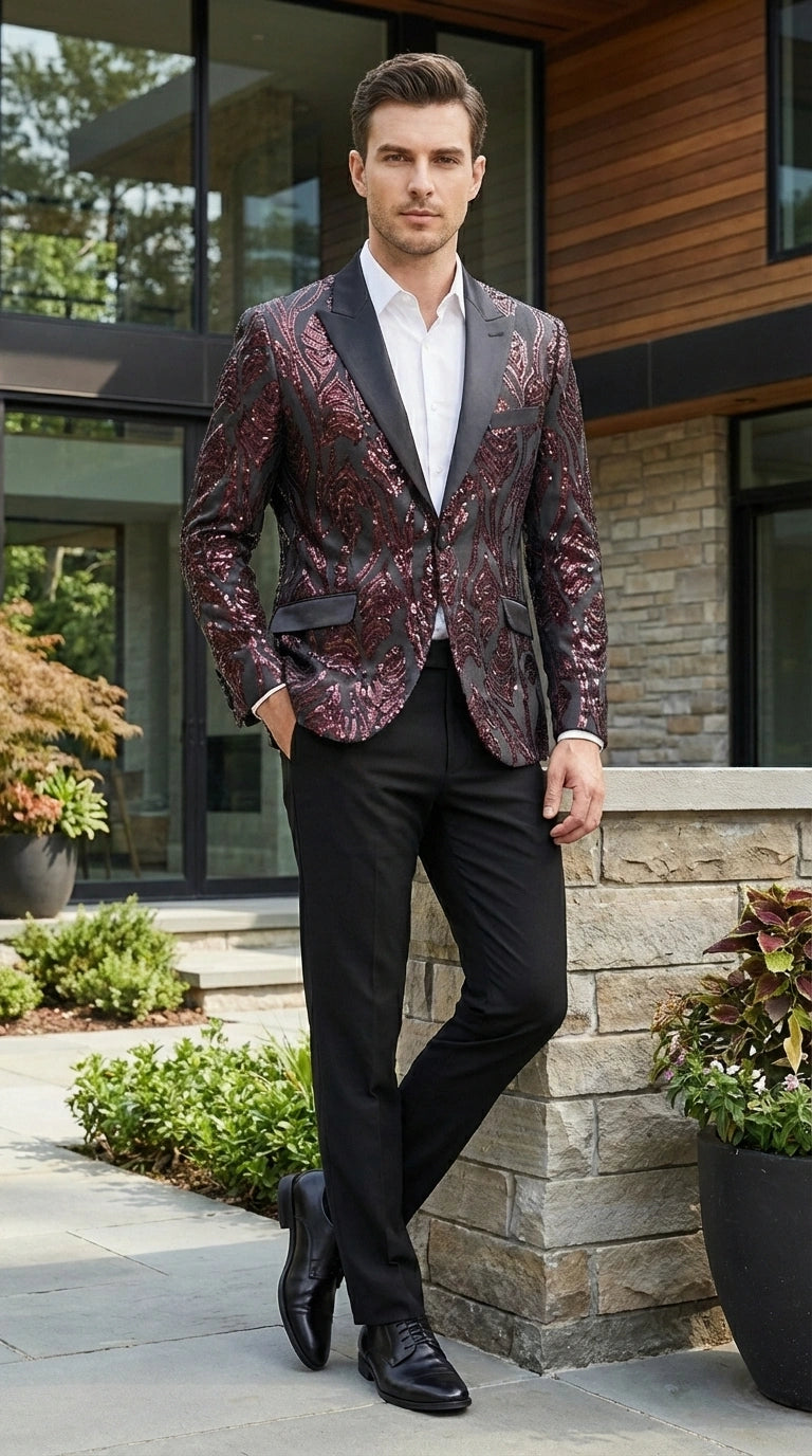 Men’s Black and Burgundy Sequin Blazer – Black Sparkle Sequin Party Blazer with Burgundy Pattern for Prom, Wedding Slim Fitted – SuitUSA