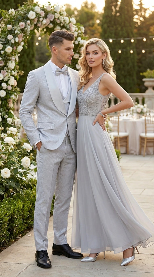 Mens Light Silver Wedding Tuxedo Suit β Paisley Fabric Three Piece Formal Suit Set with Shawl Lapel for Groom, Prom, Gala and ice Grey