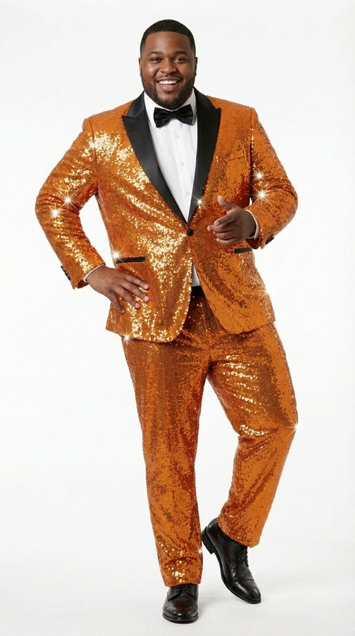 Mens Orange Sequin Tuxedo Suit β Shiny Wedding Suit Set with Black Lapel for Prom, Party, Gala and Formal Evening Wear - Goldish Orange