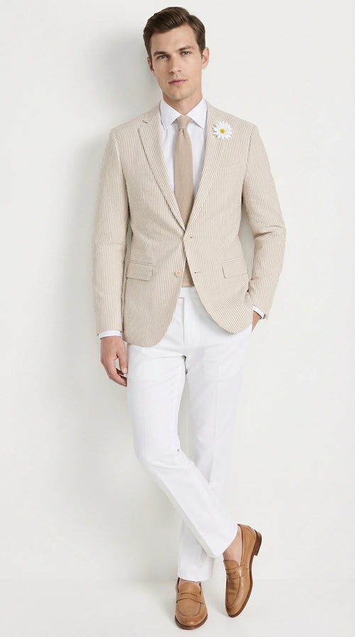 Mens Beige Seersucker Blazer β Lightweight Striped Summer Sport Coat Casual Smart Formal Jacket