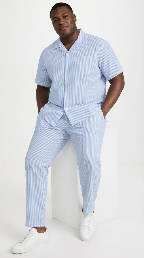 Mens Light Blue Seersucker Walking Suit Set β Casual Summer Short Sleeve Outfit with Matching Pants Lightweight Two Piece Set