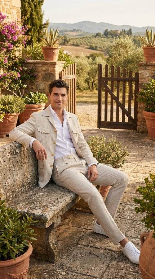 Mens Tan Beige Safari Military Walking Suit Set β Casual Two Piece Outfit Lightweight Summer Blazer and Pants Set Classic Casual Wear
