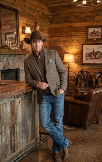 Men’s Brown Herringbone Tweed Cowboy Western Blazer – Classic Country Sport Coat Jacket for Ranch Wear, Cowboy Jacket