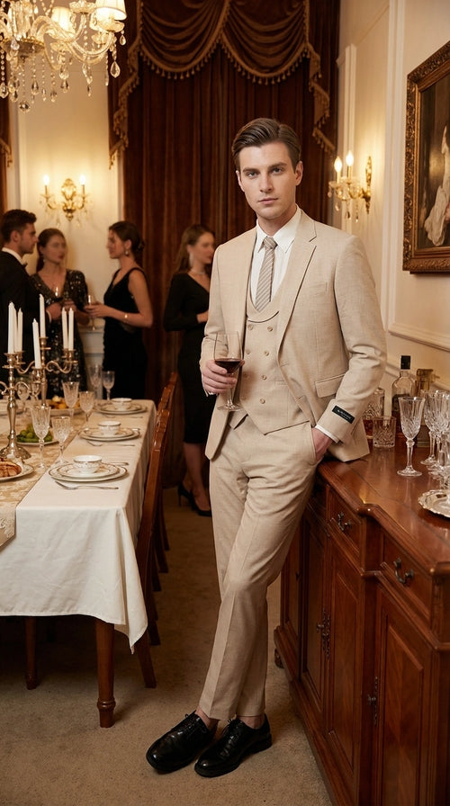 Mens Sand Beige 3 Piece Suit β Double breasted Vest Formal Suit Set and Dress Pants in Champaign Natural Summer Color