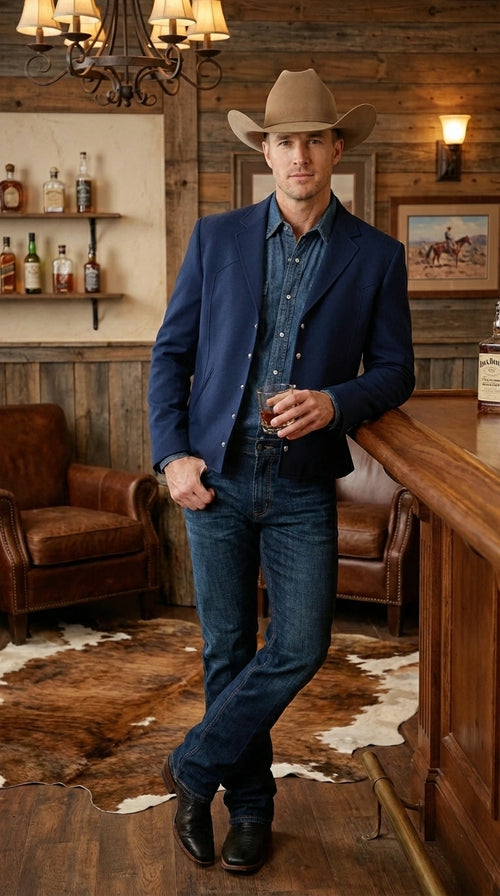 Mens Navy Blue Western Blazer Set β Cowboy Style Jacket and Pants Outfit Classic Country Western Blazer