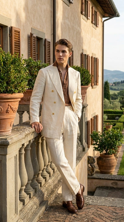 Men’s Off White 70s Style Double Breasted Suit – Vintage Retro Wide Lapel Classic Outfit for Party, Wedding and Casual Fashion Wear