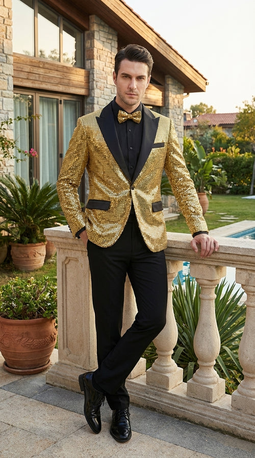 Mens Gold Sequin Blazer with Black Satin Lapel – Gold Formal Party Blazer Jacket for Prom, Wedding and Stage Events