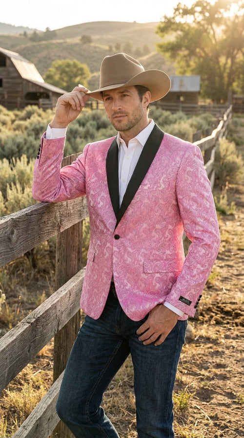Mens Hot Pink Paisley Western Blazer Jacket β Stylish Pattern Formal Blazer with Black Shawl Lapel for Party, Wedding Cowboy Sportcoat