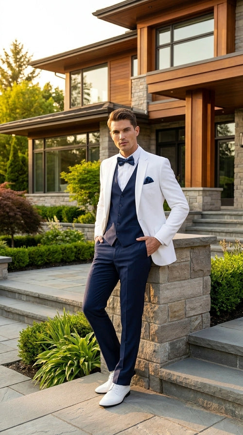 Men’s White and Navy blue tuxedo 3 Piece Suit – Classic White Blazer with Navy Vest and Pants for Wedding, Party + Bowtie