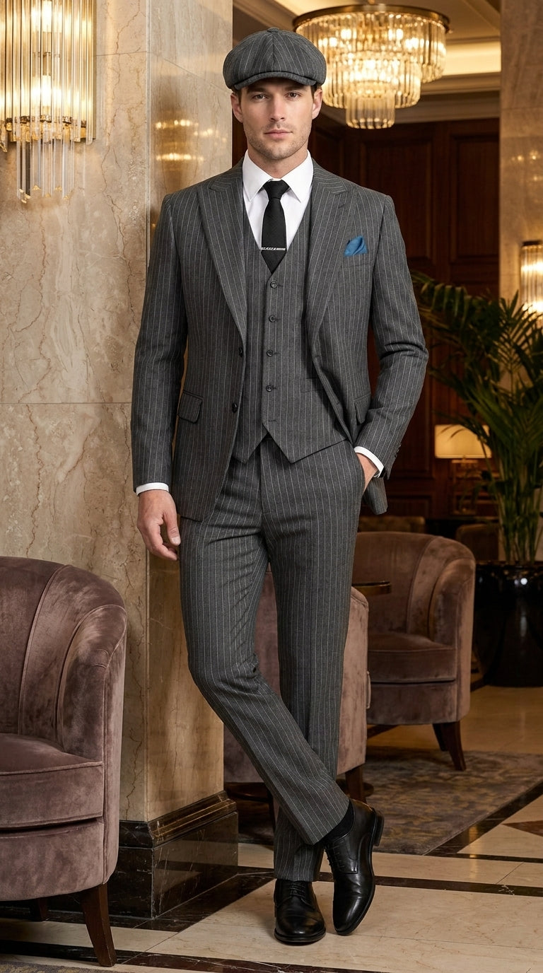 Men’s Thomas Shelby Peaky Blinders Gray Wool Suit Out fit Charcoal Grey Pinstripe 3-Piece Vintage 1920s Suit – SuitUSA