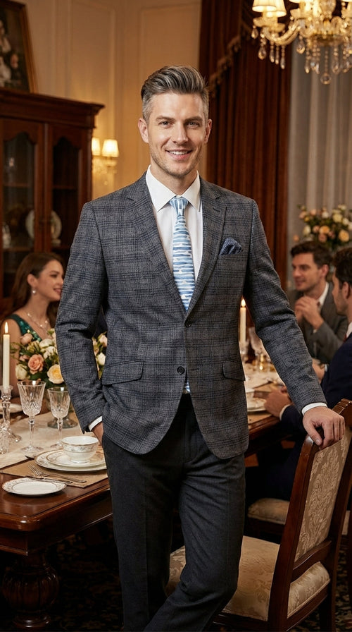 Mens Charcoal Gray with Blue Plaid Pattern Blazer Jacket β Classic Check Pattern Sport Coat for Business, Office, and Smart Casual Wear