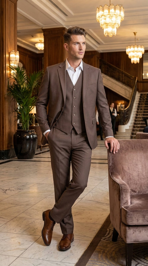 Men’s Zagarie Brand Light Brown Mocha 3-Piece Wool Suit – Modern Wedding, Business and Formal Suit with Pick Stitching