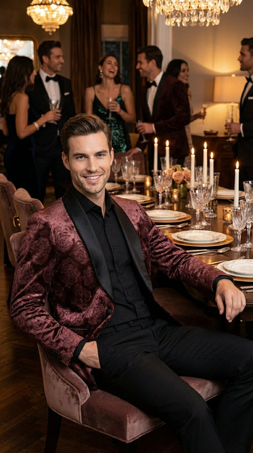 Mens Rust Copper Brick color Floral Jacquard Pasiley Blazer β Pattern Dinner Jacket with Black Shawl Lapel for Formal dinners and Wedding