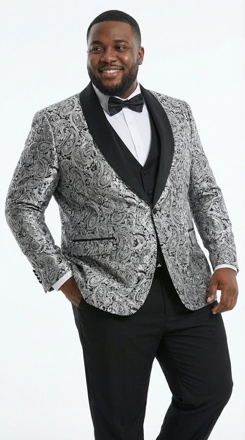 Mens Black and Silver Floral Tuxedo β Luxury Patterned Wedding, Prom and Formal Dinner Tuxedo
