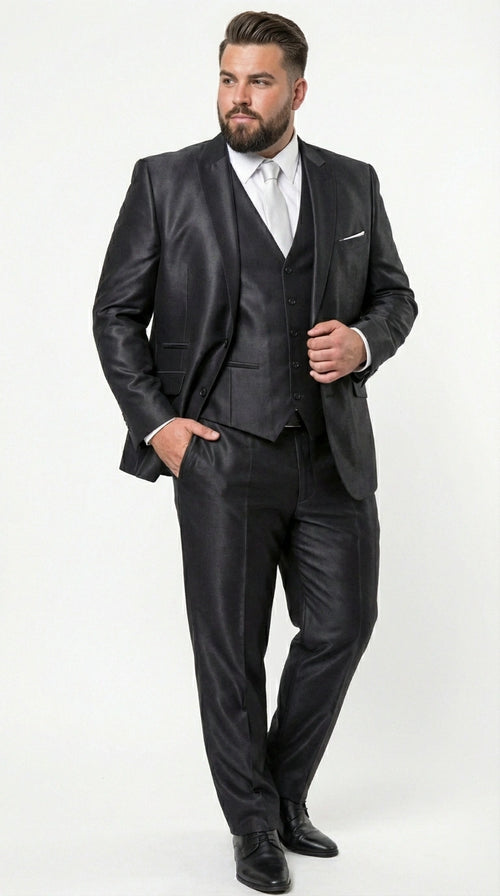 Men’s Black Three Piece Suit – Modern Fit 3PC Formal Suit with Vest for Wedding, Prom and Business Events Sharkskin Shiny Fabric
