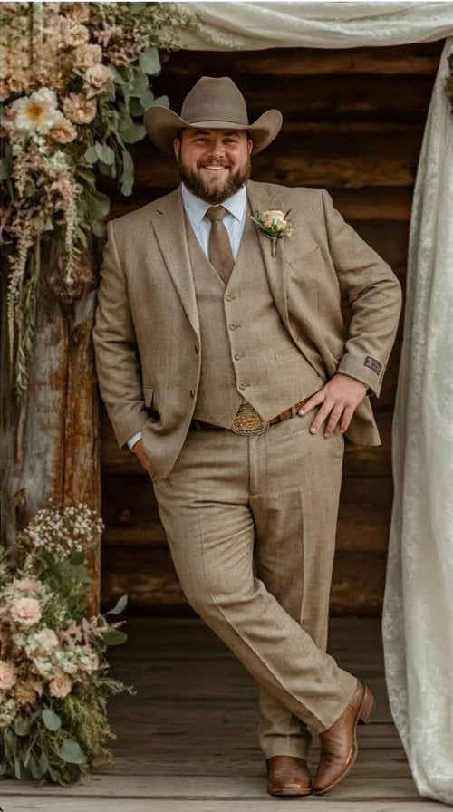 Mens Sharkskin Dark Taupe Tan with sheen Western 3 Piece Suit β Classic Country Style Blazer Vest Pants Set, Formal Cowboy Suit Outfit