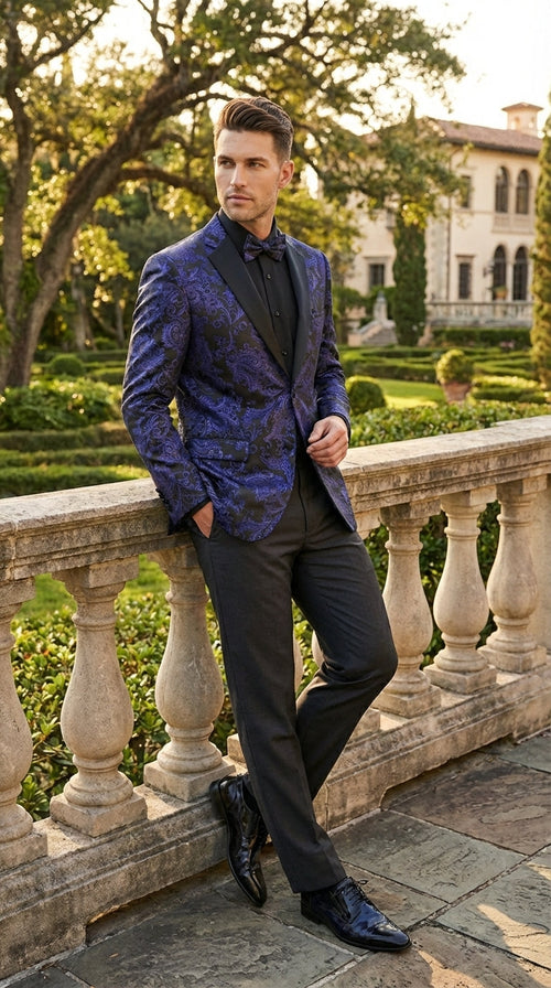 Mens Royal Blue Paisley Jacquard Blazer β Luxury Pattern Tuxedo Dinner Jacket with Black Satin Lapel for Wedding, Prom With Bowtie