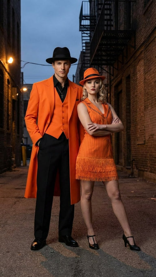 Men’s halloween Costume Orange Long Zoot Suit Set With Black Shirt and Black Pants included by USA Men's Outlet