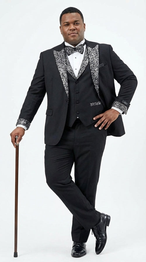 Mens Black and White Lapel Tuxedo Suit – Black Formal Tuxedo with White Pattern Lapel for Wedding, Prom and Evening Events