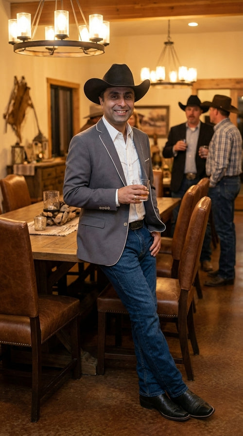 Mens Grey and White Trim Western Blazer β Classic Fit Cowboy Style Contrast Trim Dress Jacket