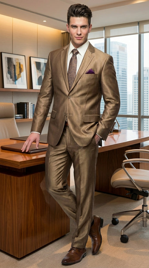 Mens Gold Brown Tan Beige Khaki Bronze Formal Suit β Luxury Metallic Finish Wedding and Prom Suit for Men
