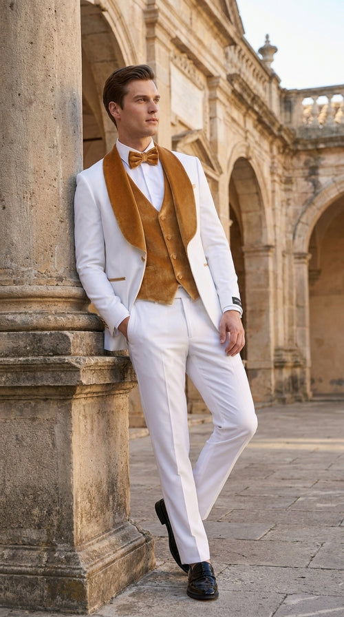 Men's White & Gold Tuxedo β Velvet Shawl Lapel 3 Piece Wedding & Prom Suit